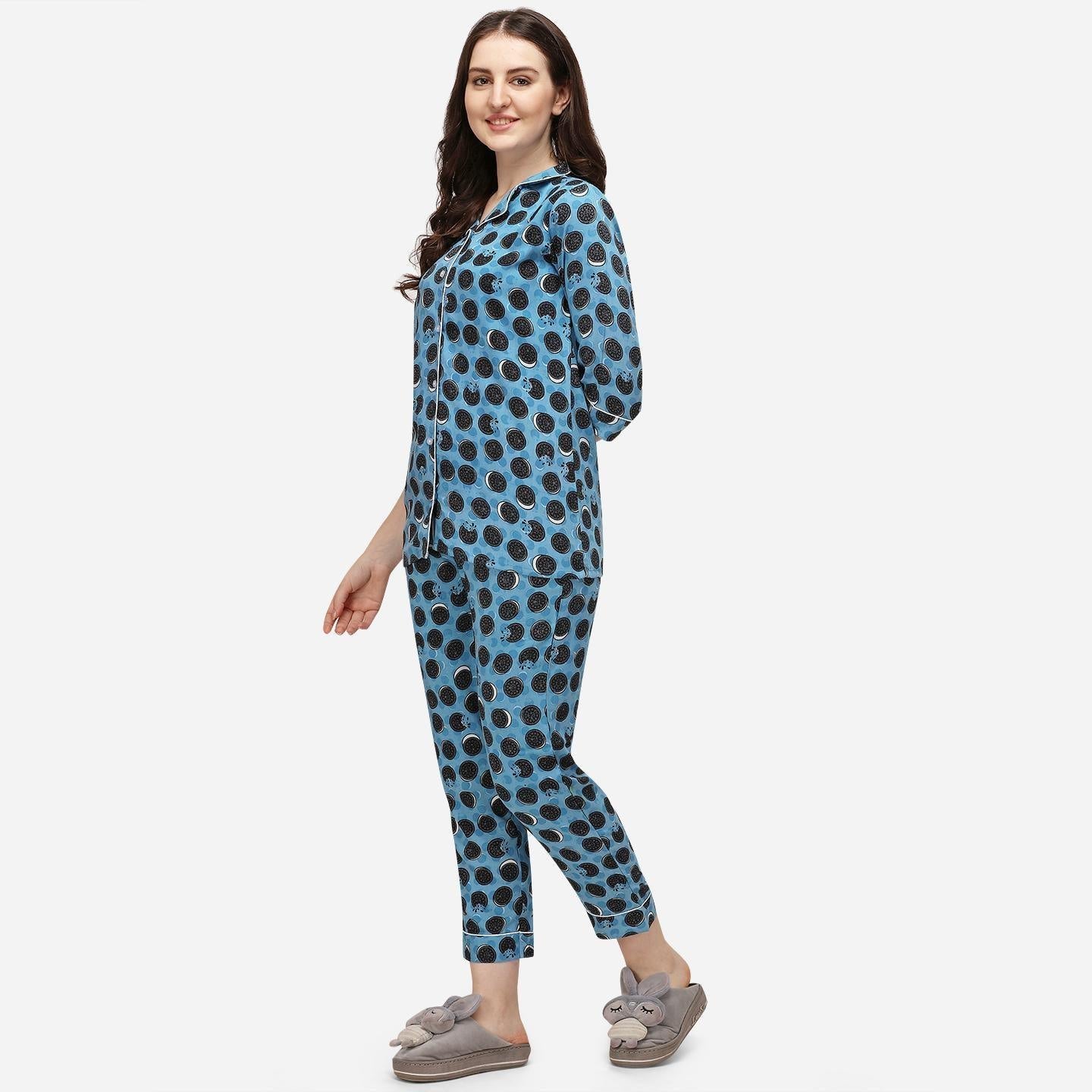 Blue Casual Wear Printed Rayon Night Suit - Peachmode