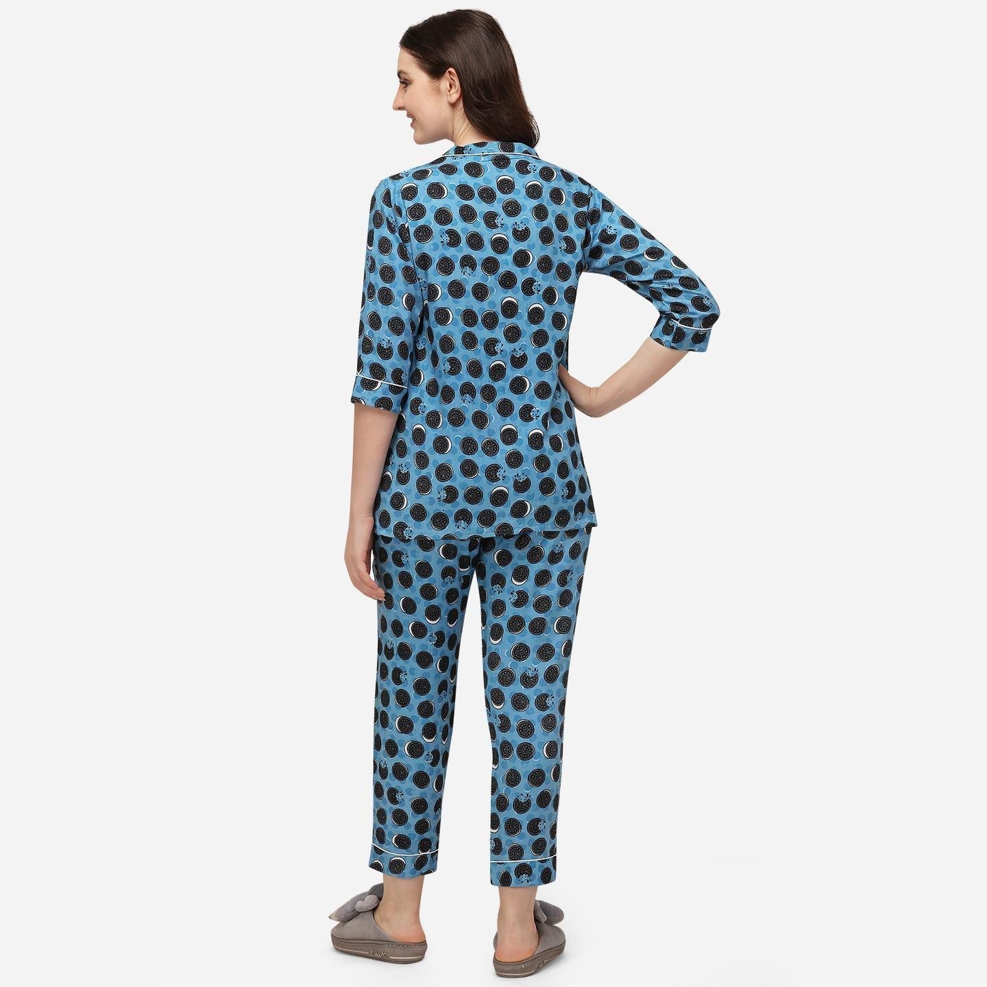 Blue Casual Wear Printed Rayon Night Suit - Peachmode