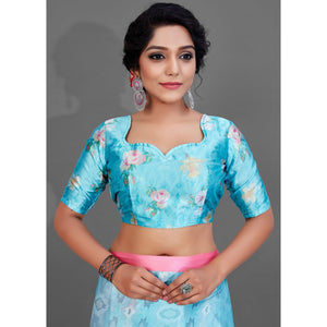 Blue Casual Wear Printed Satin Silk Saree - Peachmode