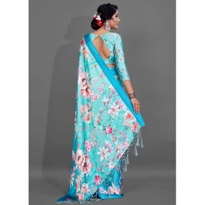 Blue Casual Wear Printed Satin Silk Saree - Peachmode