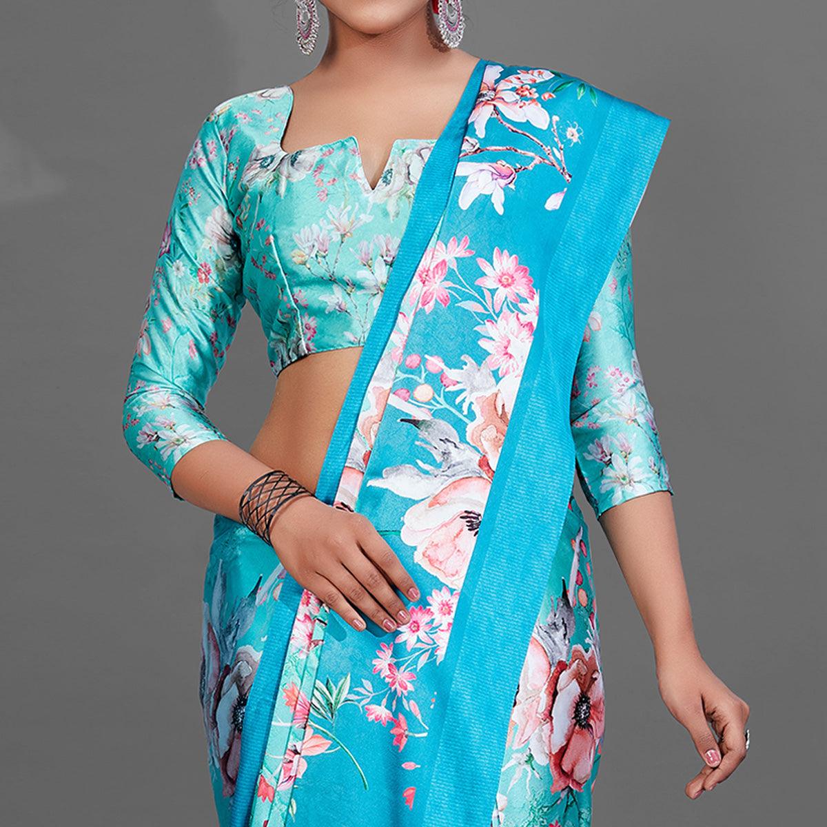Blue Casual Wear Printed Satin Silk Saree - Peachmode