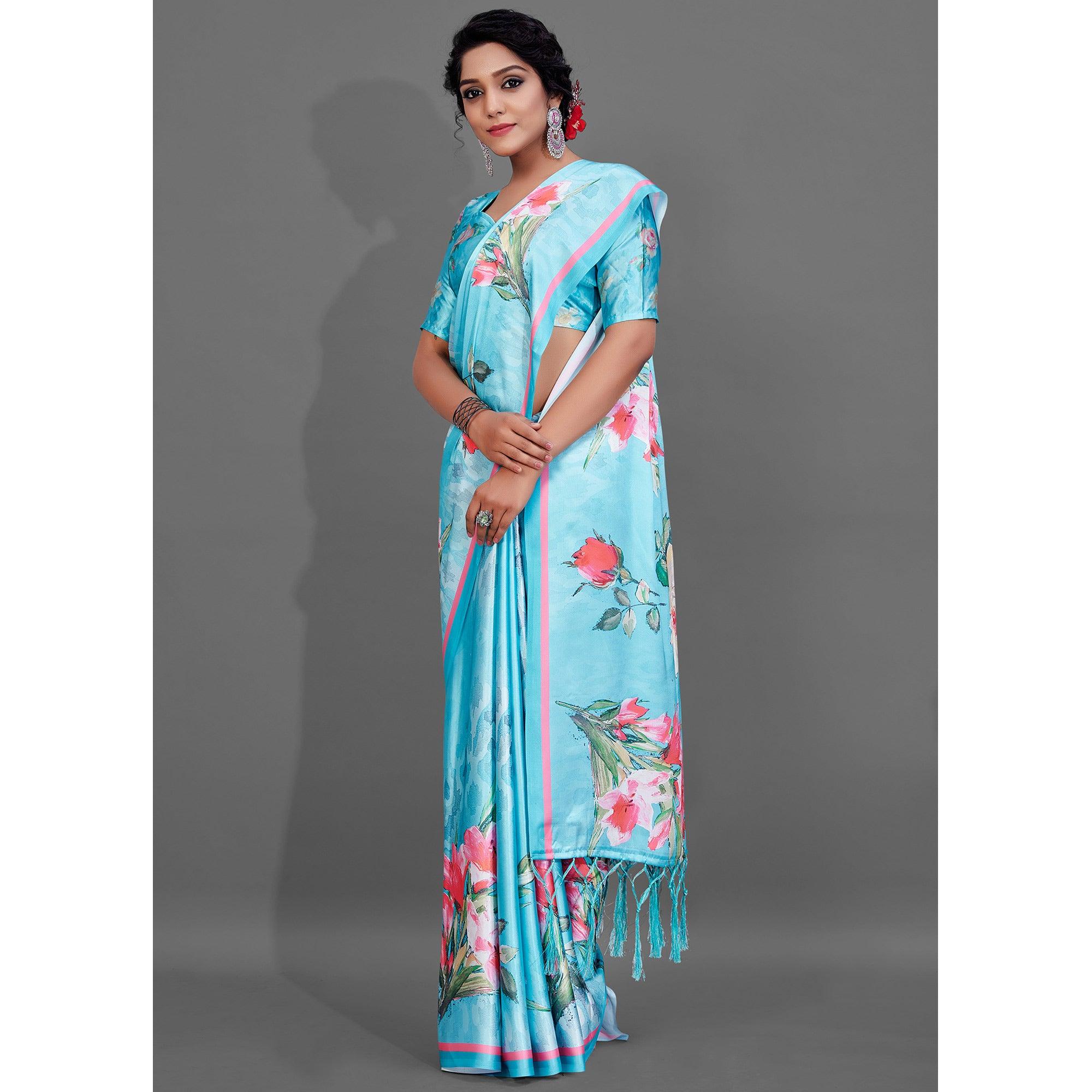 Blue Casual Wear Printed Satin Silk Saree - Peachmode