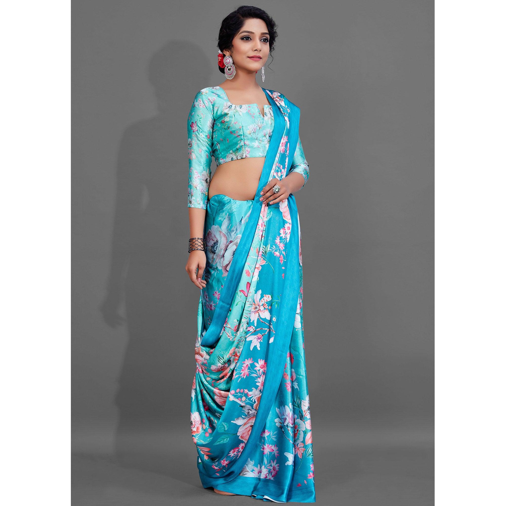 Blue Casual Wear Printed Satin Silk Saree - Peachmode