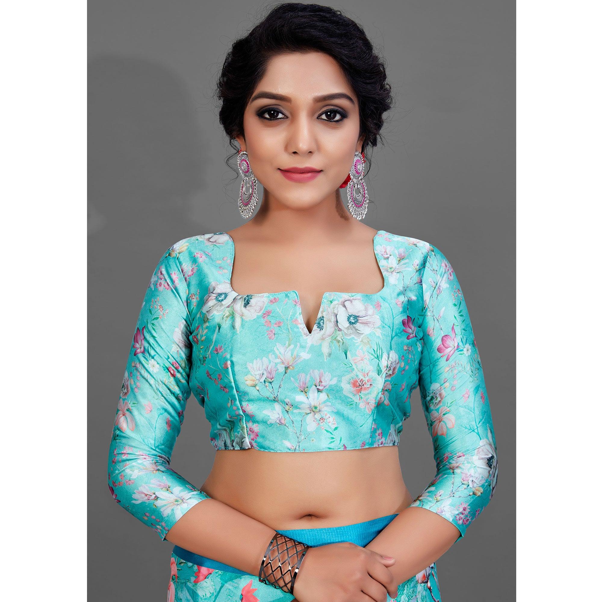 Blue Casual Wear Printed Satin Silk Saree - Peachmode