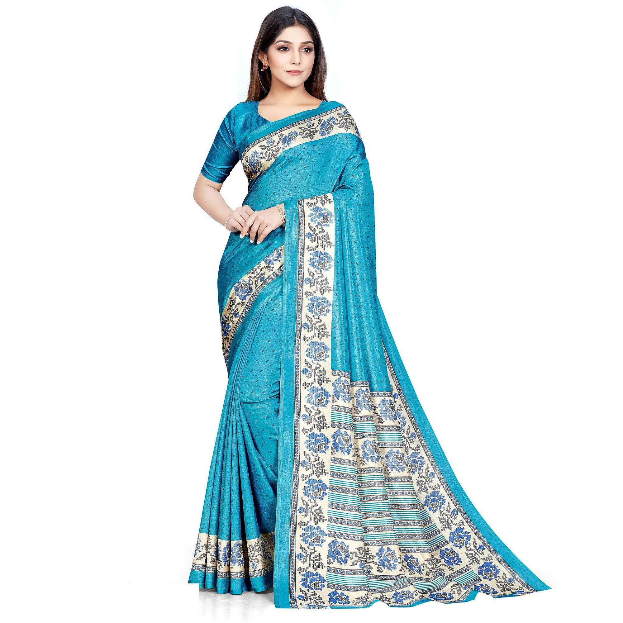 Blue Casual Wear Printed Silk Saree - Peachmode