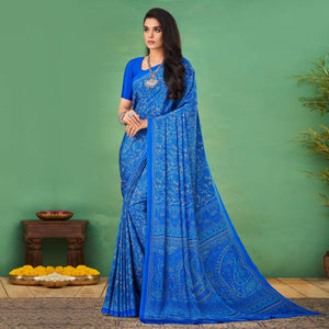 Blue Casual Wear Printed Silk Saree - Peachmode