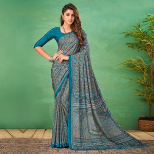 Blue Casual Wear Printed Silk Saree - Peachmode