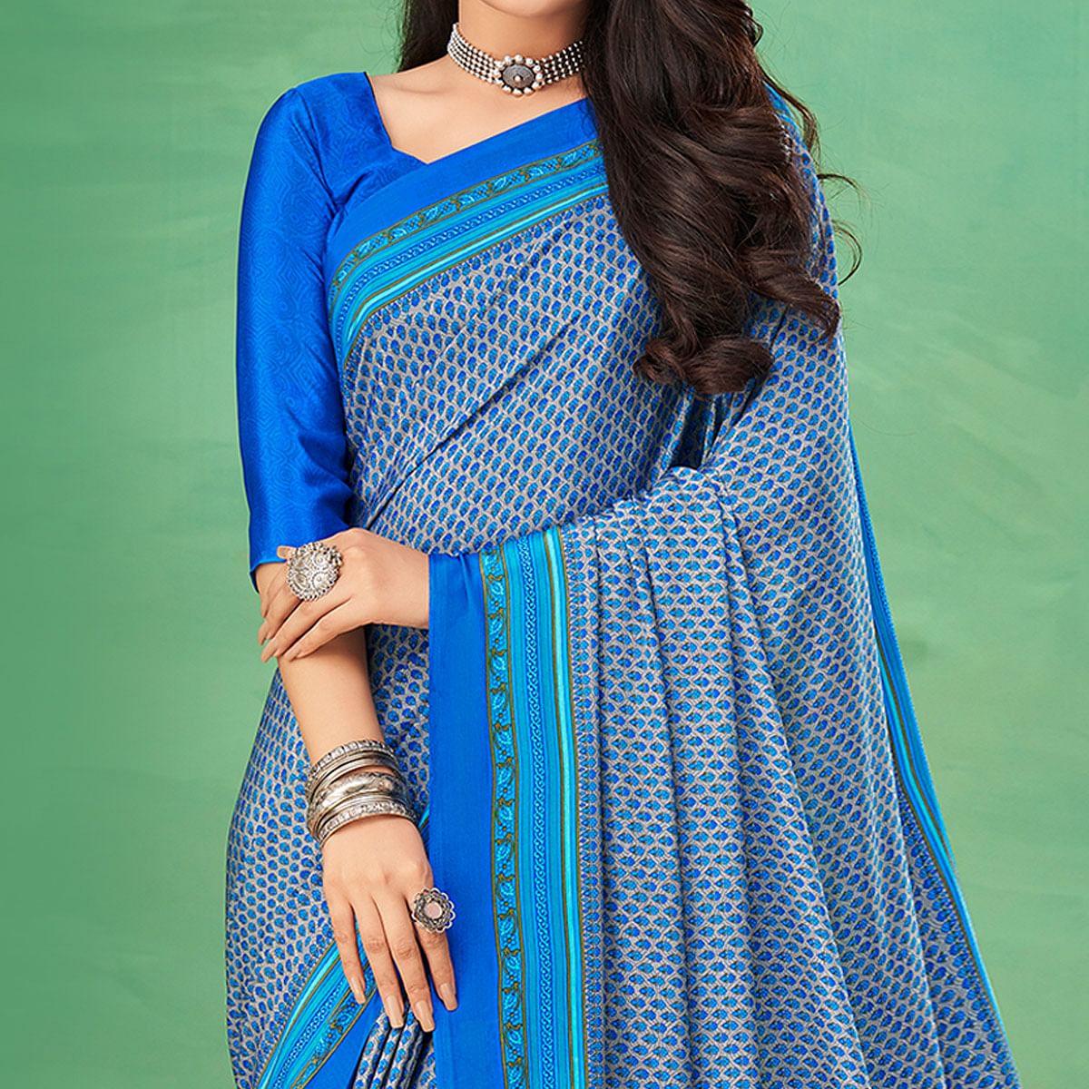 Blue Casual Wear Printed Silk Saree - Peachmode