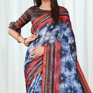 Blue Casual Wear Printed Silk Saree - Peachmode