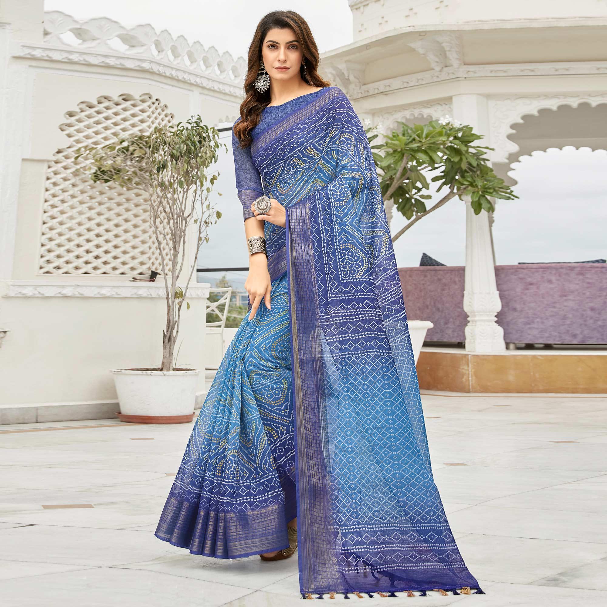 Blue Casual Wear Printed Soft Linen Saree - Peachmode