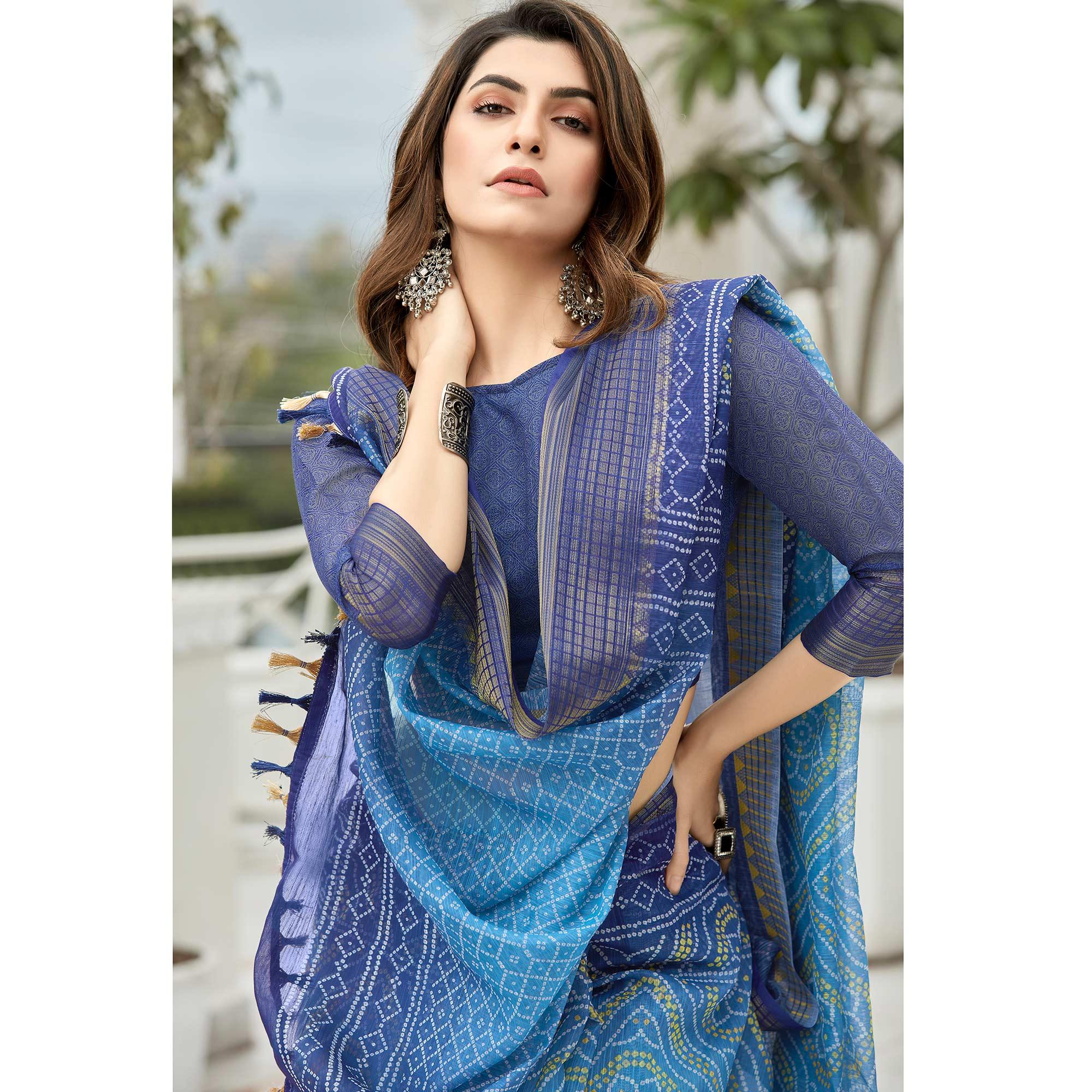 Blue Casual Wear Printed Soft Linen Saree - Peachmode