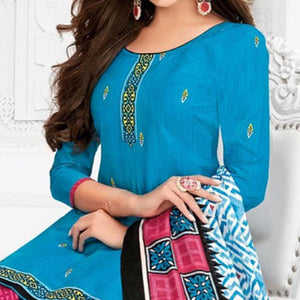 Blue Casual Wear Printed Stitched Cotton Patiyala Suit With Dupatta - Peachmode