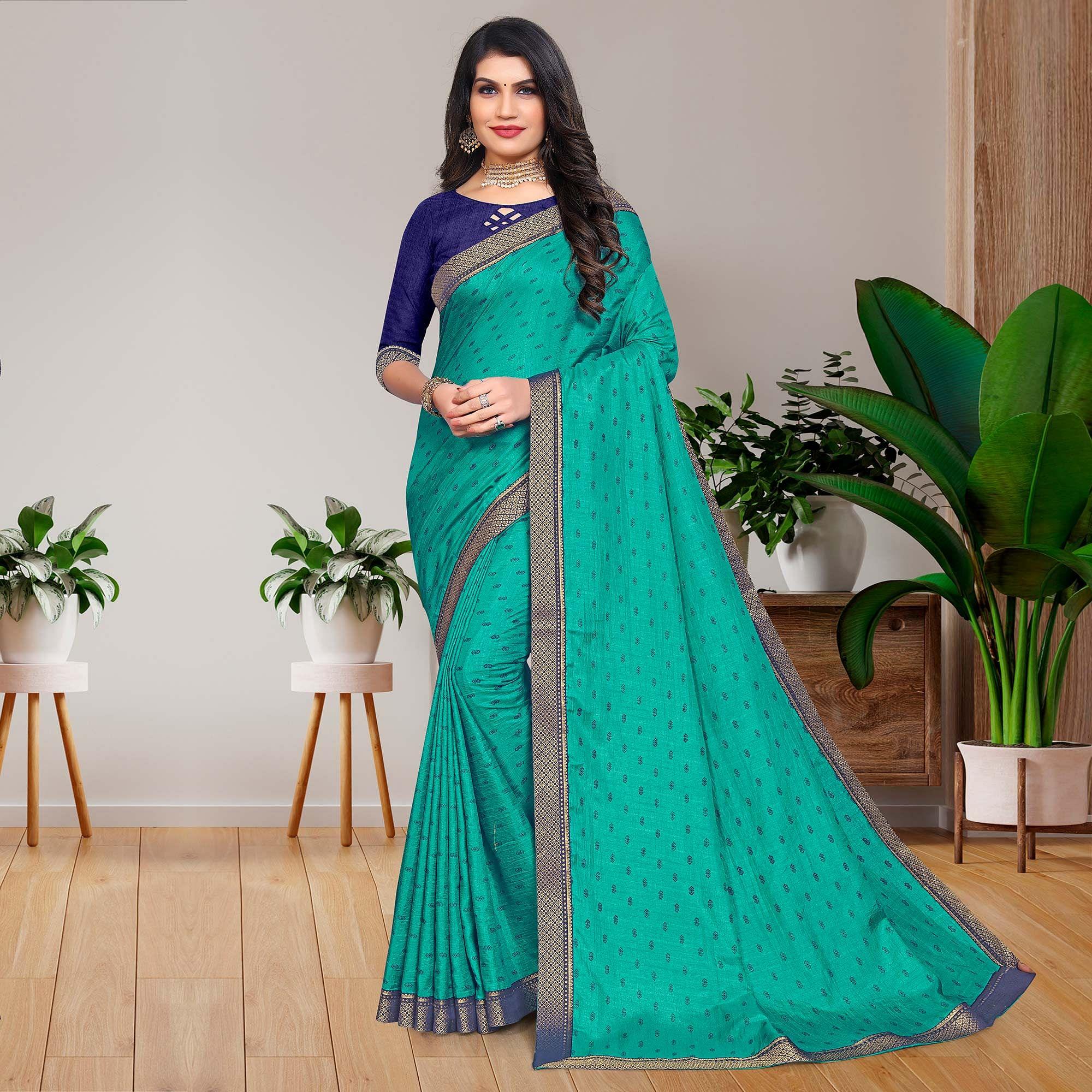 Blue Casual Wear Printed Vichitra Silk Saree - Peachmode