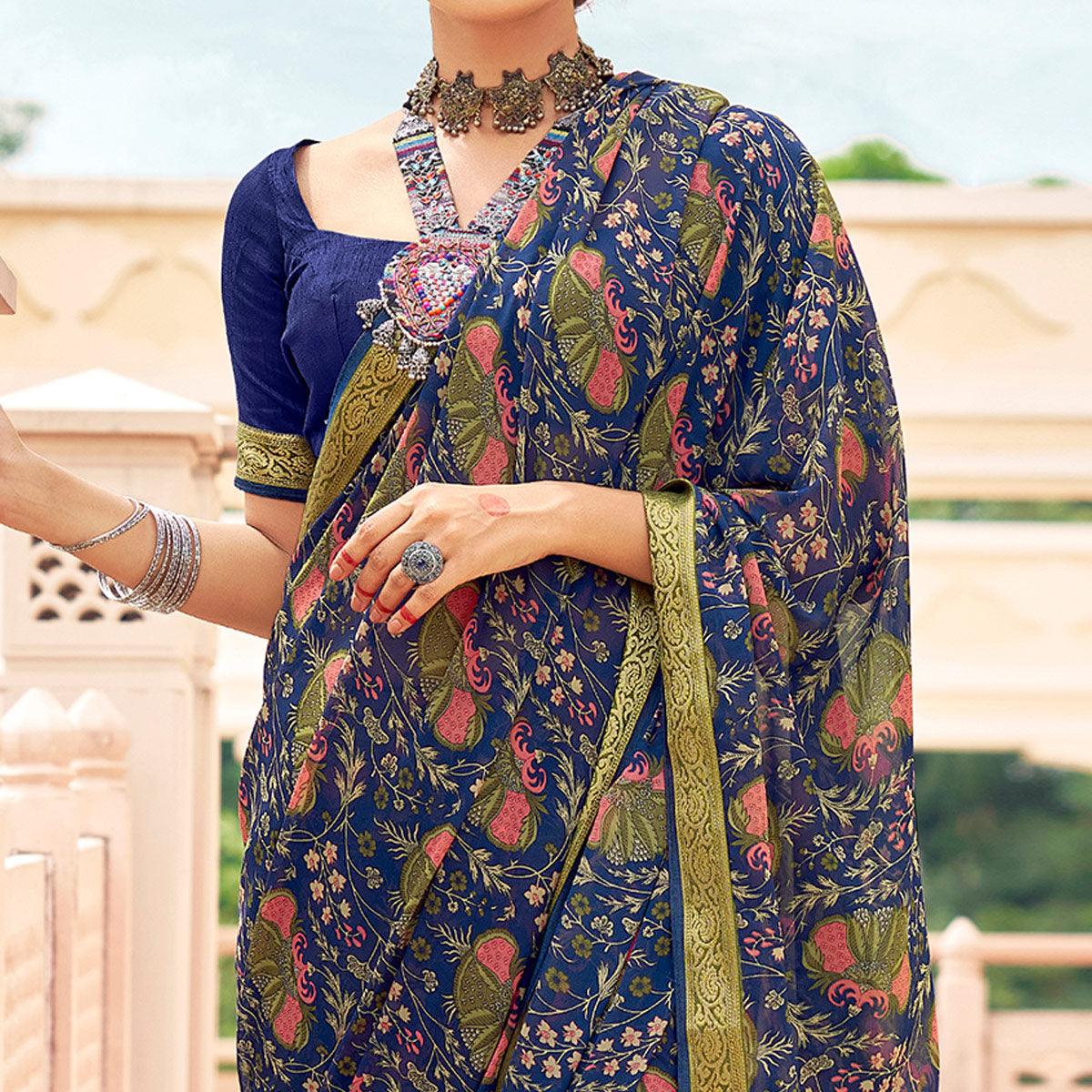 Blue Casual Wear Printed Weightless Georgette Saree - Peachmode