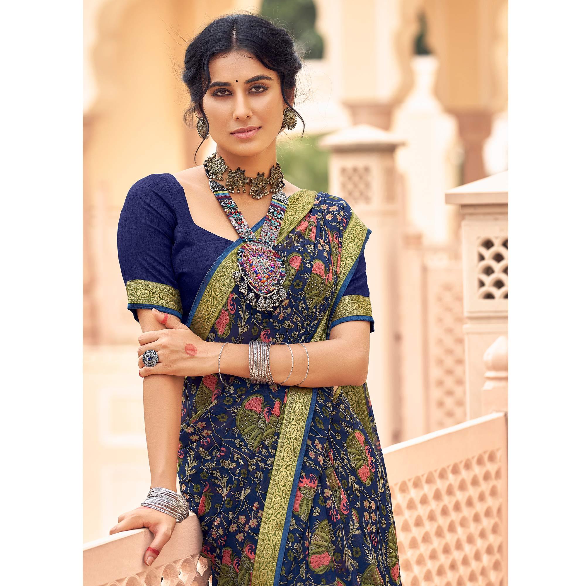 Blue Casual Wear Printed Weightless Georgette Saree - Peachmode