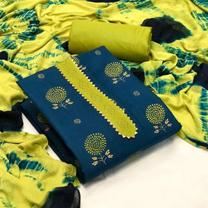 Blue Casual Wear Printed With Swarovski Cotton Dress Material - Peachmode