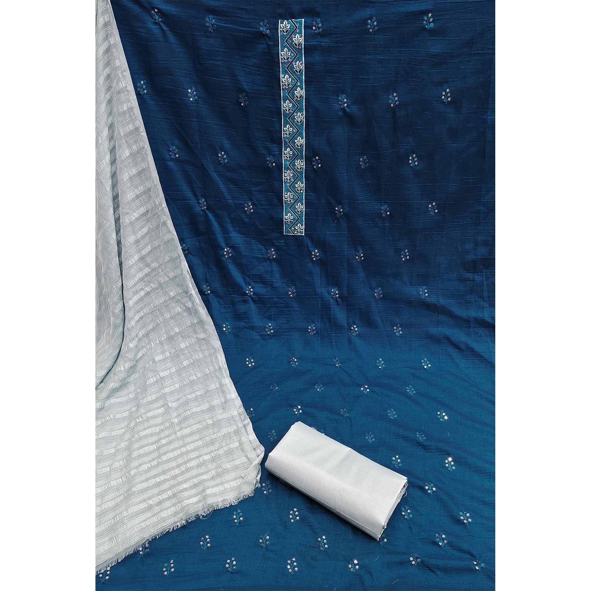 Blue Casual Wear Sequence Embroidered Chinon Silk Dress Material - Peachmode