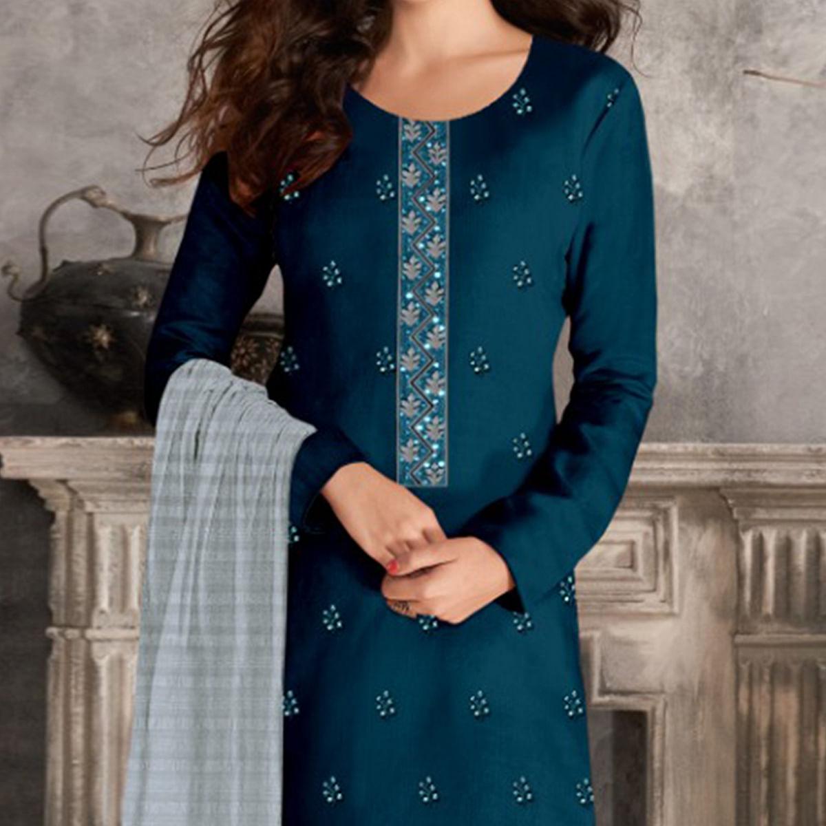 Blue Casual Wear Sequence Embroidered Chinon Silk Dress Material - Peachmode