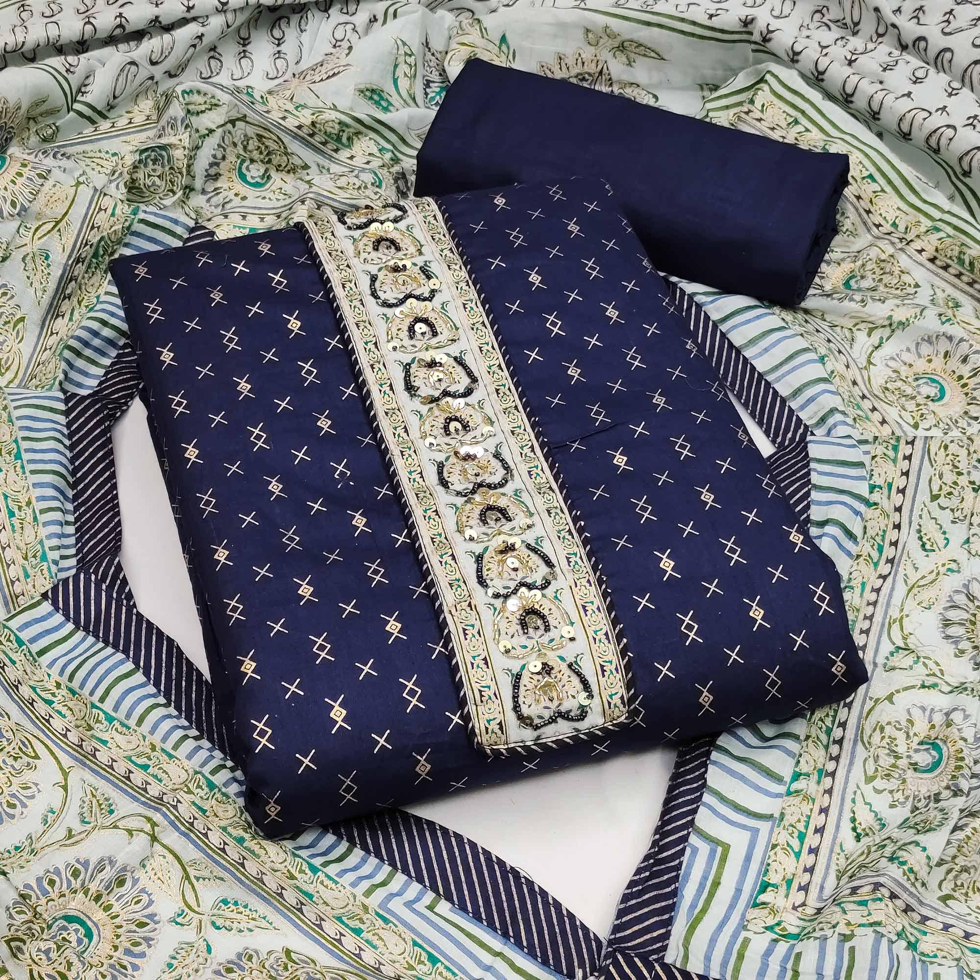 Blue Casual Wear Sequence Embroidered Cotton Dress Material - Peachmode