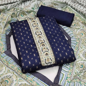 Blue Casual Wear Sequence Embroidered Cotton Dress Material - Peachmode