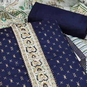 Blue Casual Wear Sequence Embroidered Cotton Dress Material - Peachmode