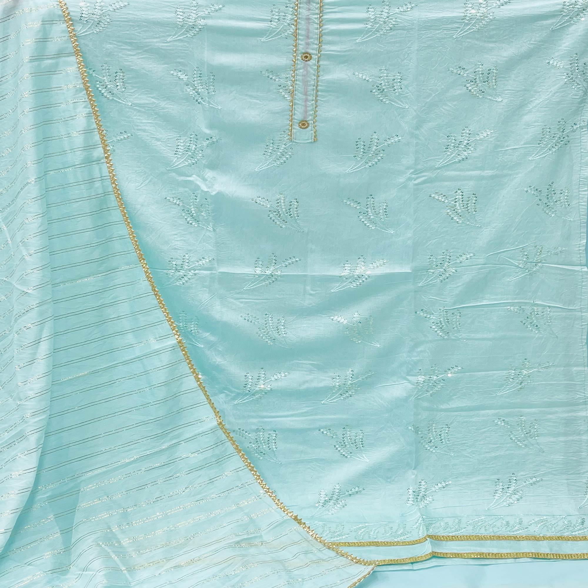 Blue Casual Wear Sequence Embroidered Dyeable Cotton Dress Material - Peachmode