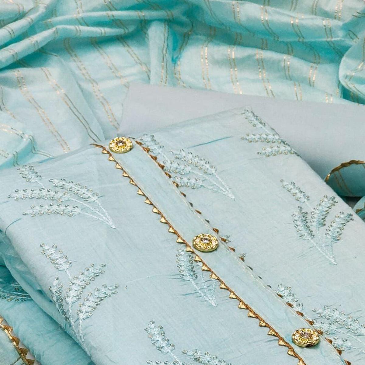 Blue Casual Wear Sequence Embroidered Dyeable Cotton Dress Material - Peachmode