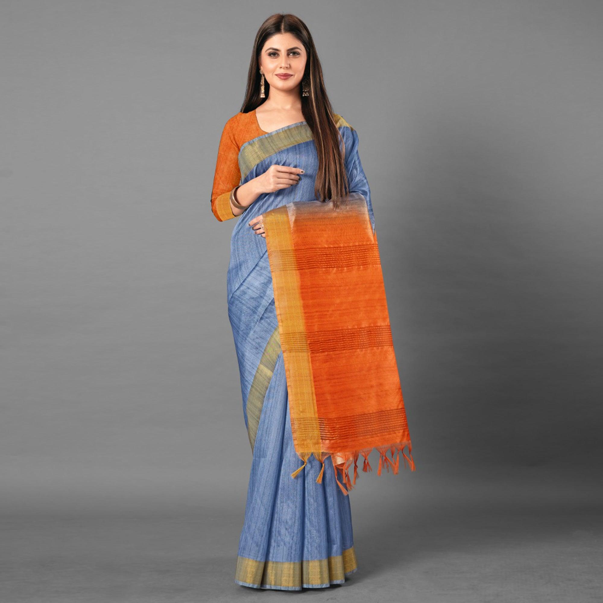 Blue Casual Wear Solid Cotton silk Saree - Peachmode