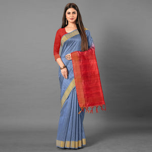 Blue Casual Wear Solid Cotton silk Saree - Peachmode
