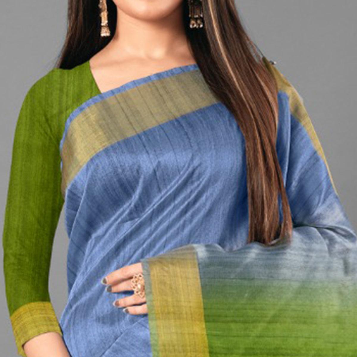 Blue Casual Wear Solid Cotton silk Saree - Peachmode