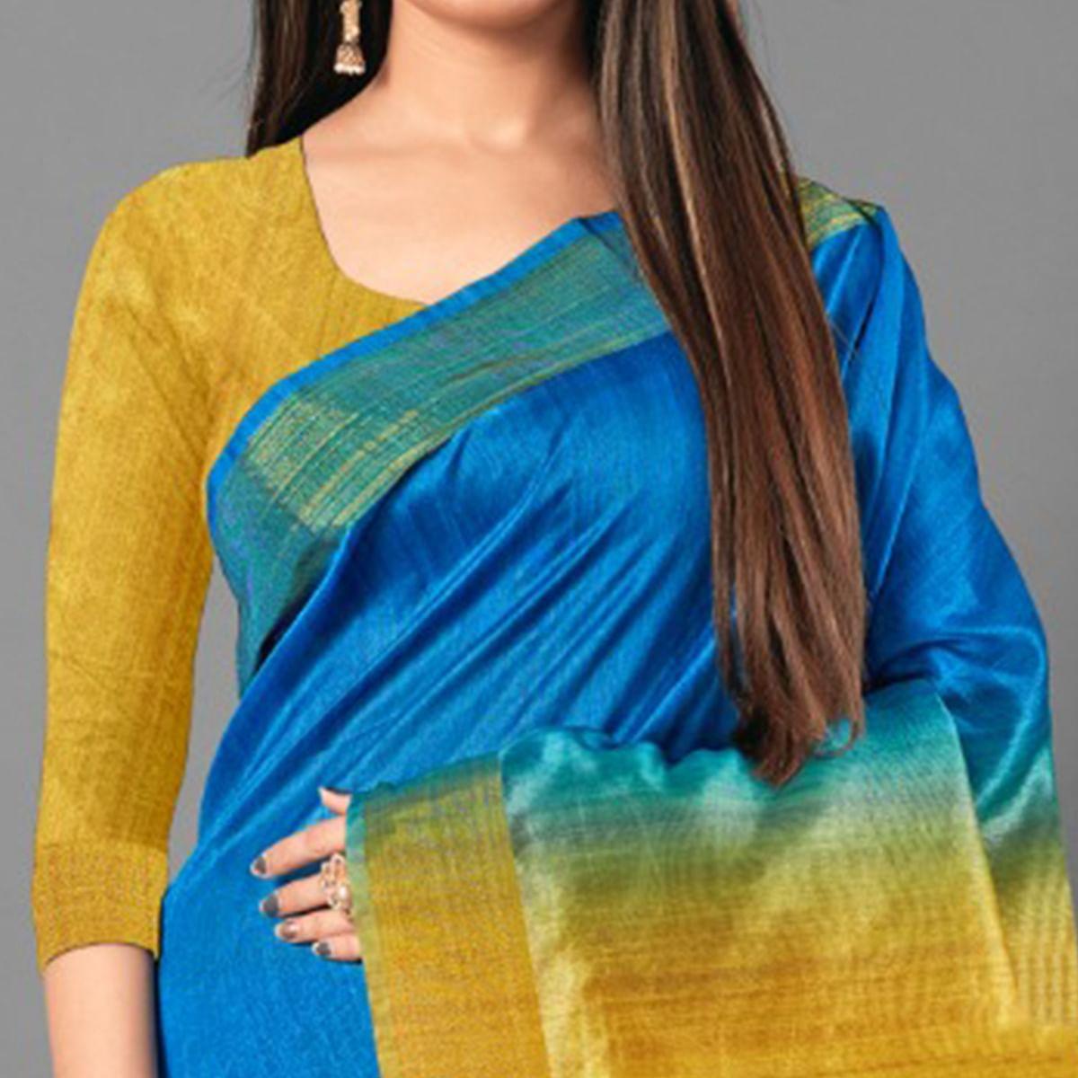 Blue Casual Wear Solid Cotton silk Saree - Peachmode
