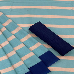 Blue Casual Wear Stripe Printed Silk Saree With Tassels - Peachmode