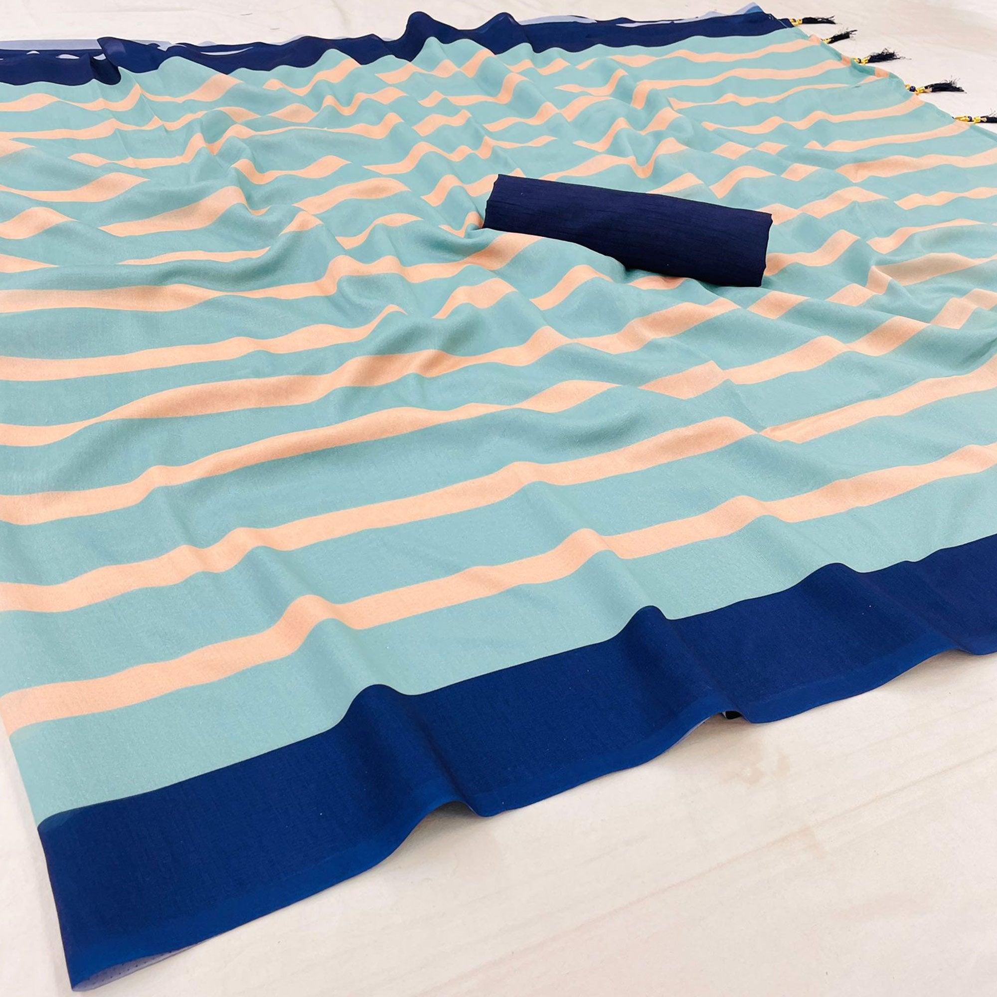 Blue Casual Wear Stripe Printed Silk Saree With Tassels - Peachmode