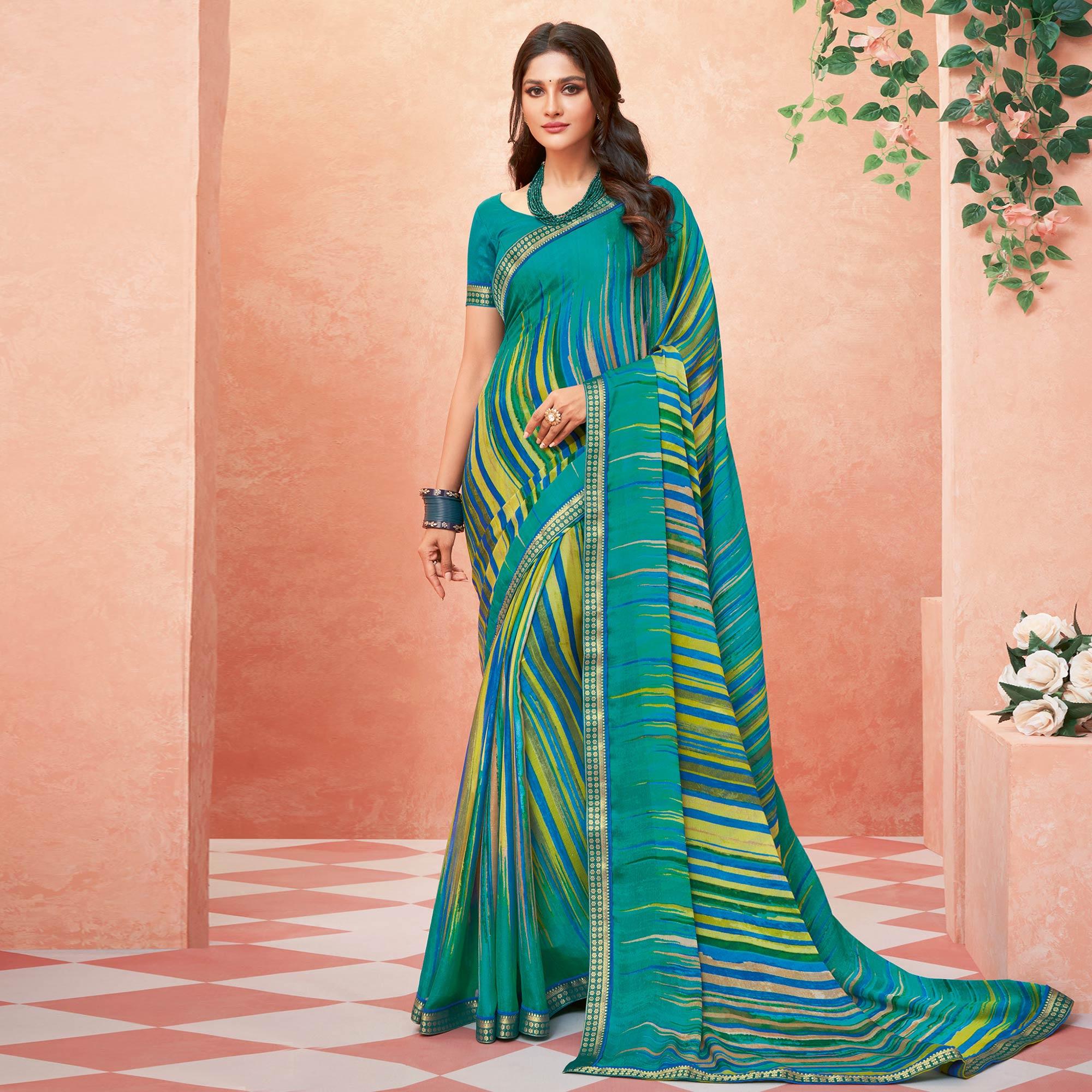 Blue Casual Wear Striped Printed Chiffon-Banarsi Saree With Banarasi Border - Peachmode