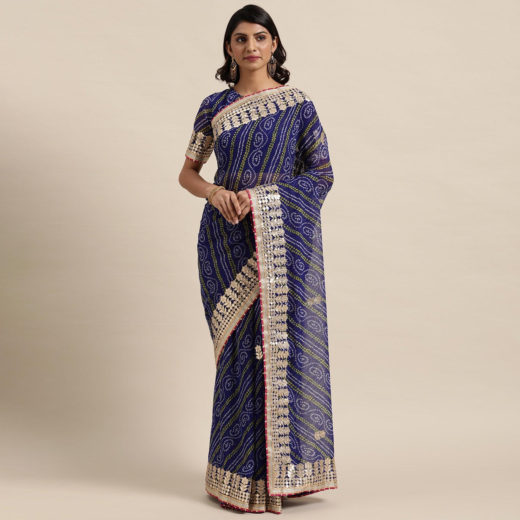 Blue Casual Wear Stripes Printed Georgette Saree - Peachmode
