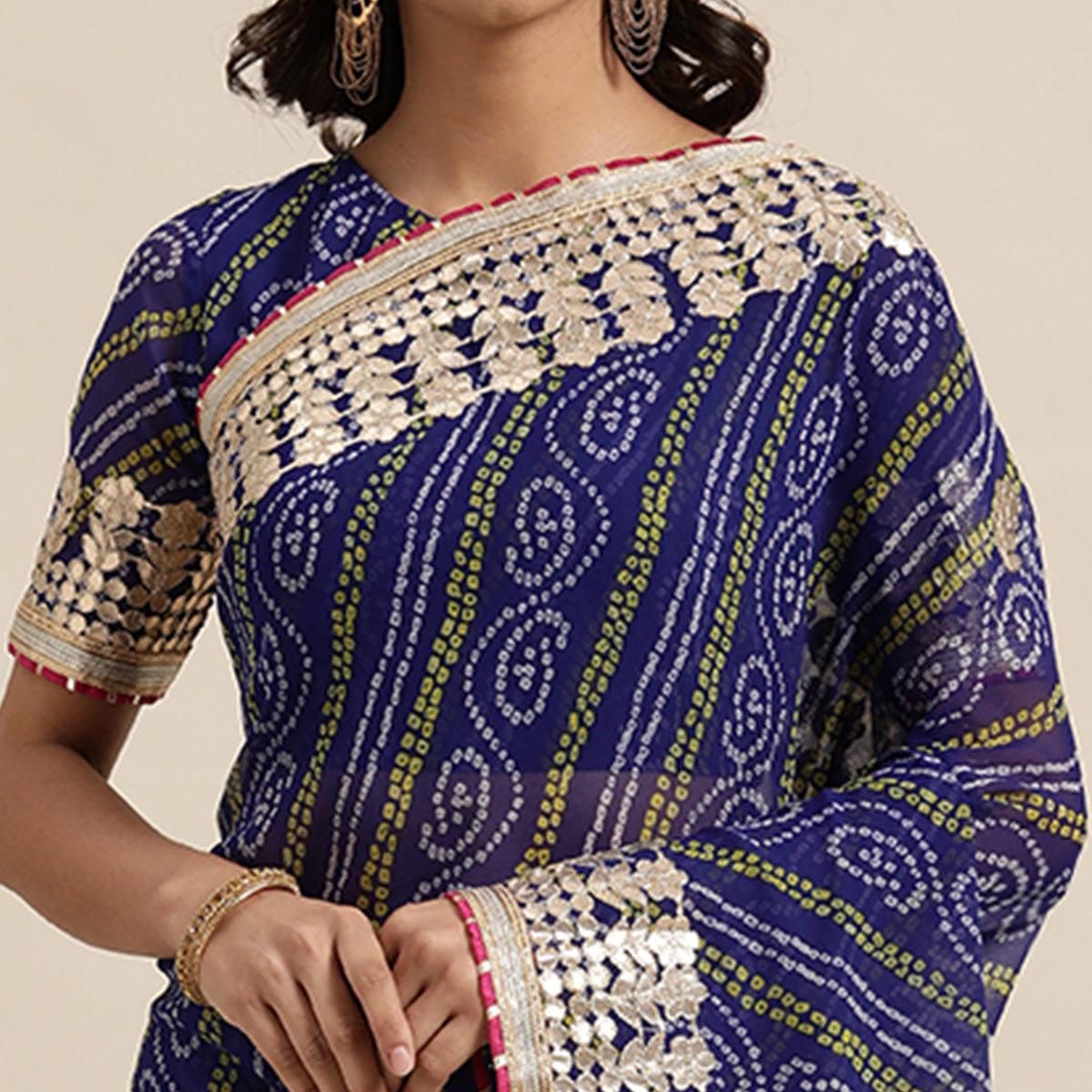 Blue Casual Wear Stripes Printed Georgette Saree - Peachmode