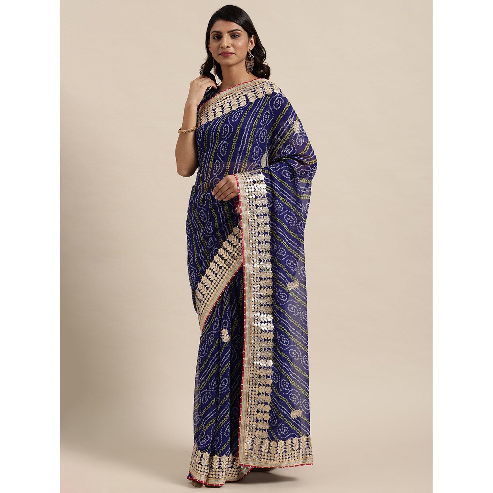 Blue Casual Wear Stripes Printed Georgette Saree - Peachmode