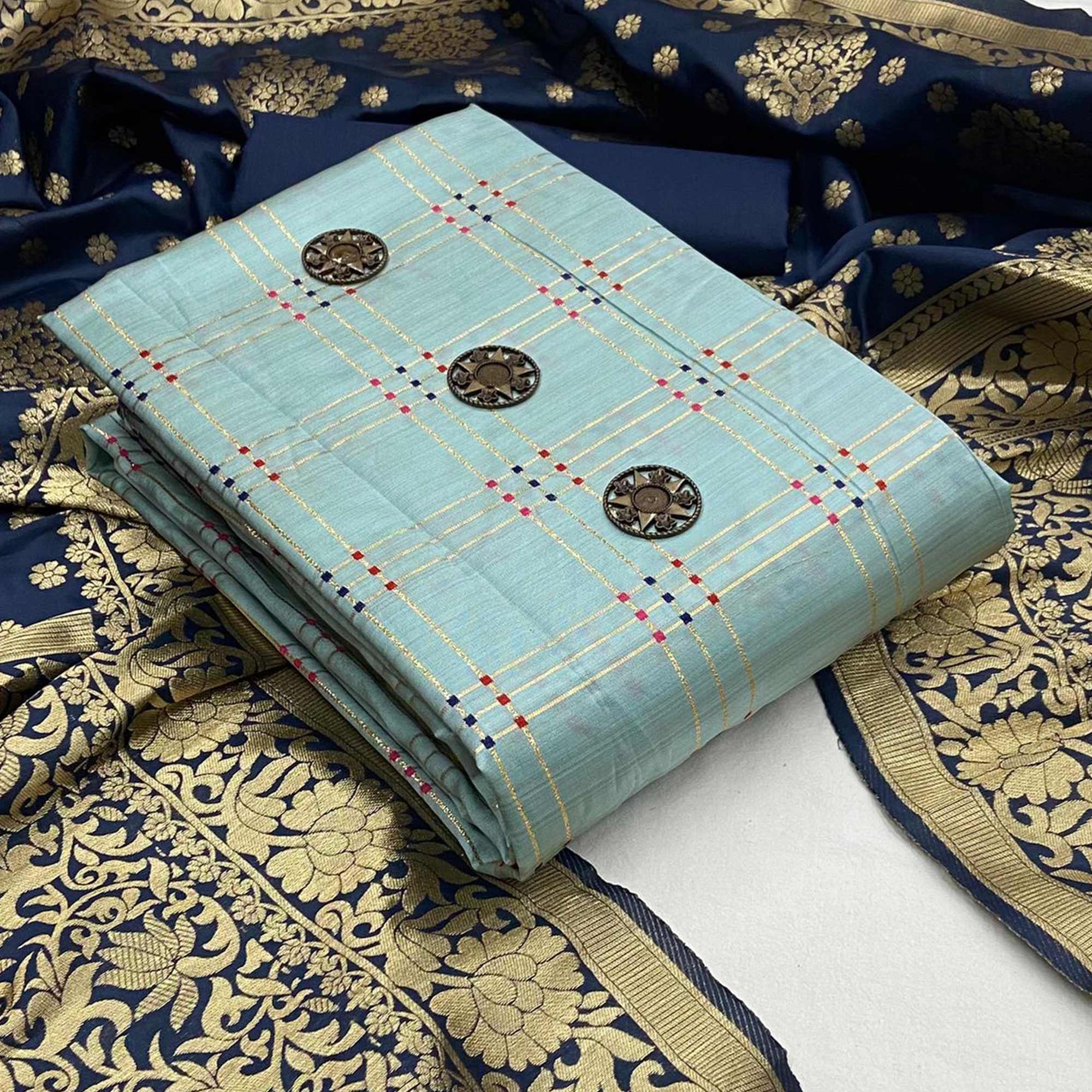 Blue Casual Wear Woven Banarasi Silk Dress Material - Peachmode