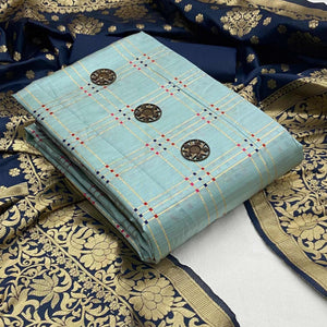 Blue Casual Wear Woven Banarasi Silk Dress Material - Peachmode