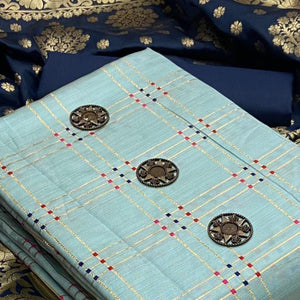 Blue Casual Wear Woven Banarasi Silk Dress Material - Peachmode