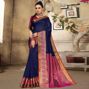 Blue Casual Wear Woven Cotton Handloom Saree - Peachmode