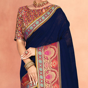 Blue Casual Wear Woven Cotton Handloom Saree - Peachmode