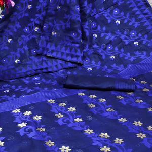 Blue Casual Wear Woven Jacquard Silk Saree - Peachmode