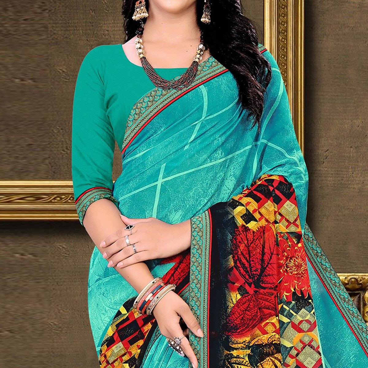 Blue Checks Printed Georgette Saree - Peachmode