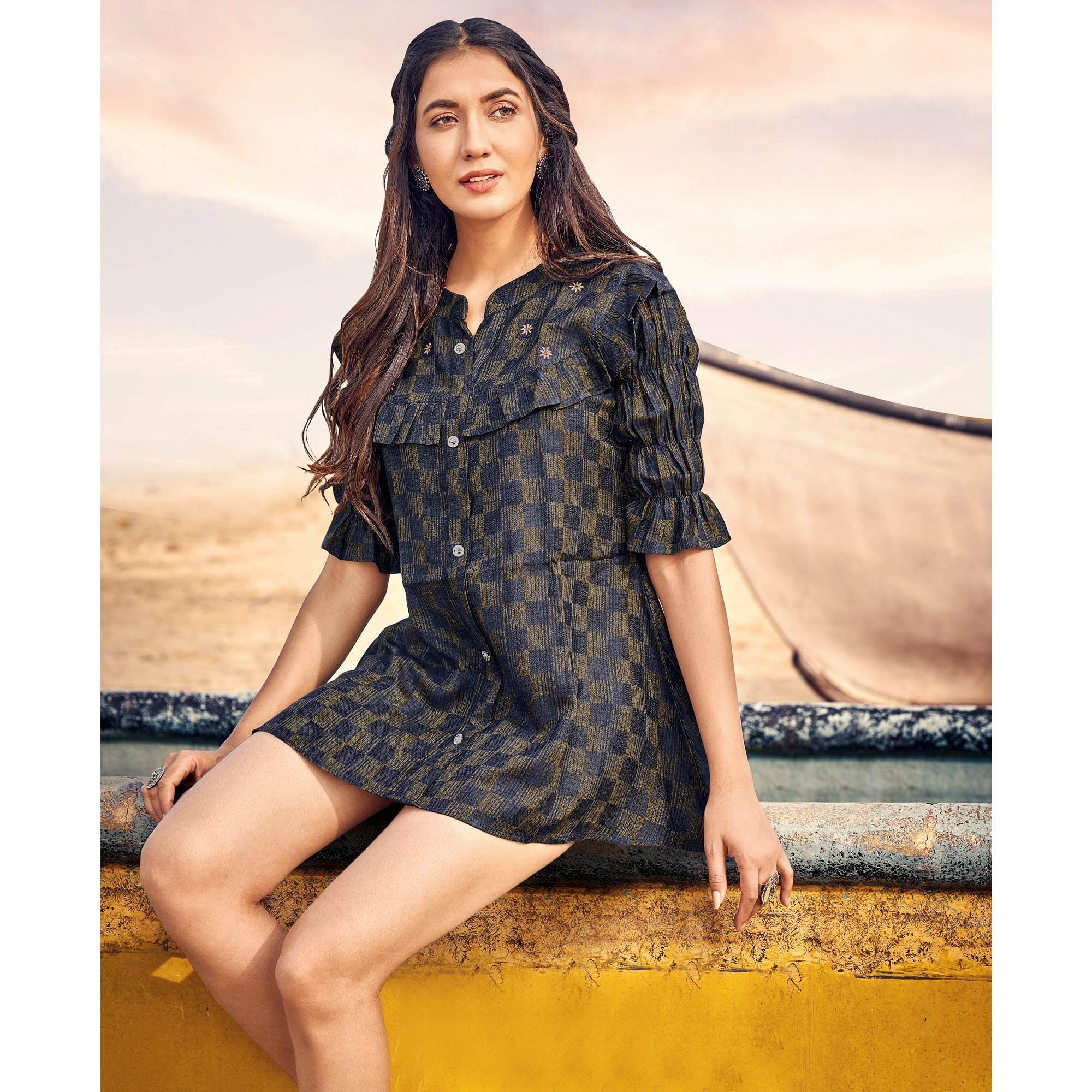 Blue Checks Printed Rayon Top - Peachmode