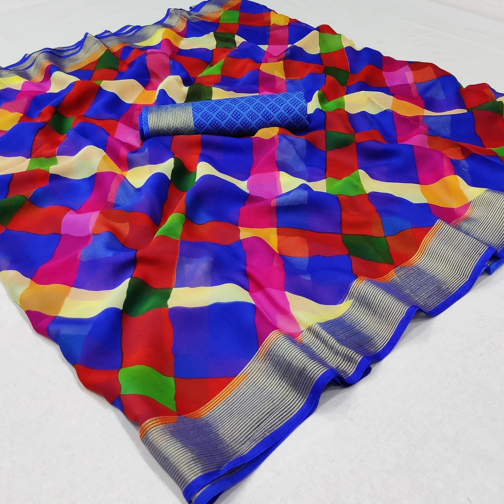 Blue Cheks Printed Chiffon Saree - Peachmode