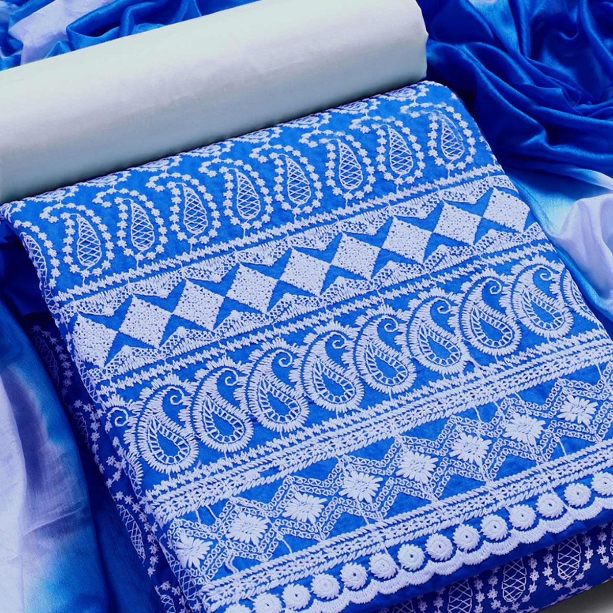 Blue Chikankari Work Poly Cotton Dress Material - Peachmode