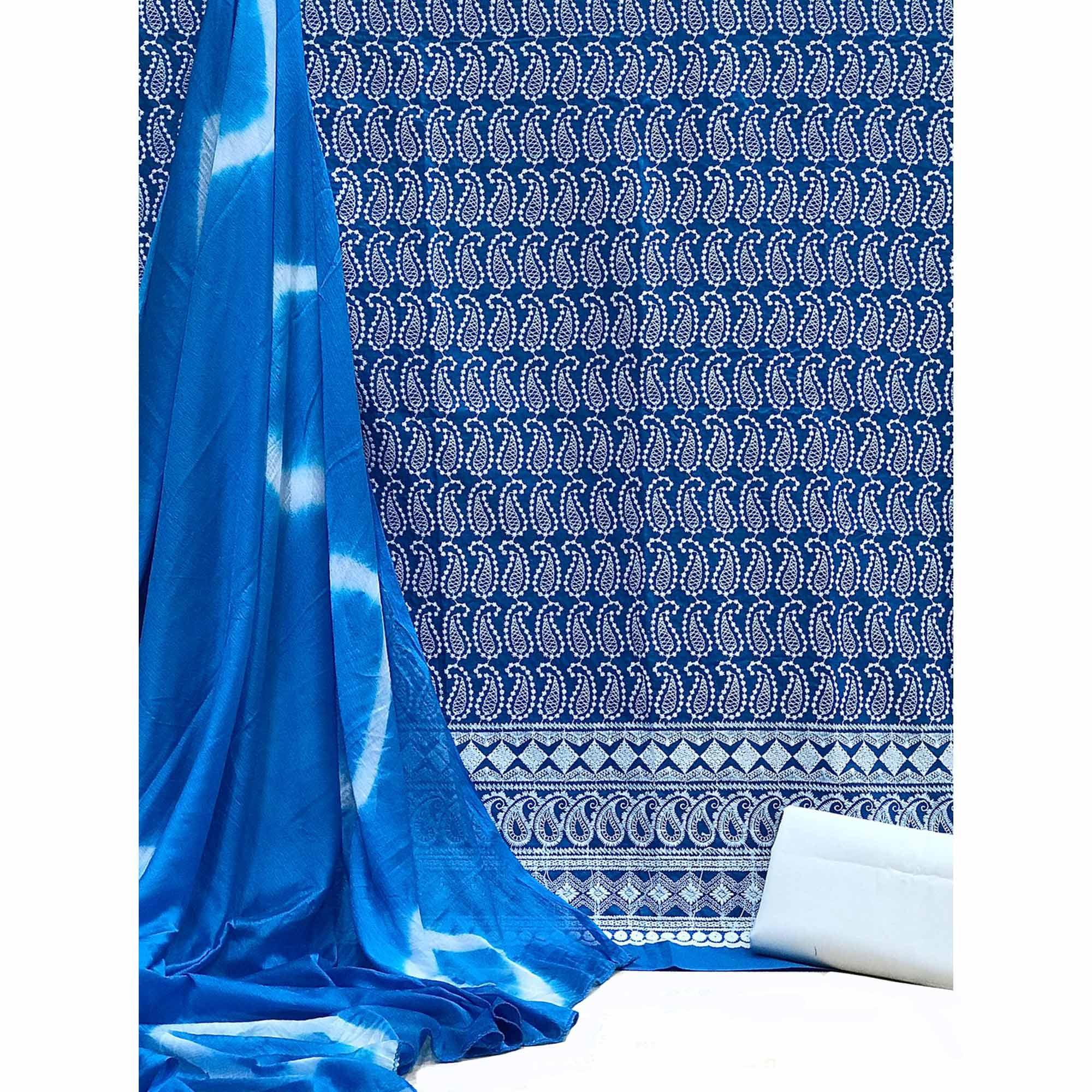 Blue Chikankari Work Poly Cotton Dress Material - Peachmode