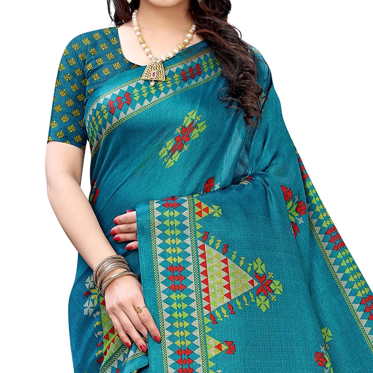 Blue Colored Festive Wear Printed Jute Saree - Peachmode