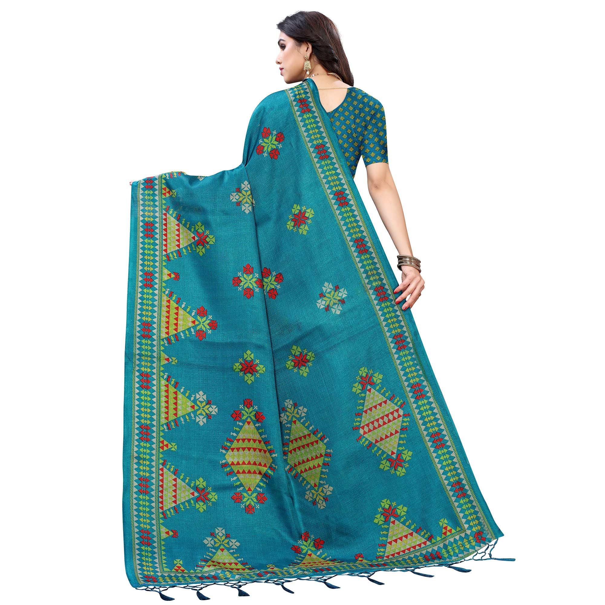 Blue Colored Festive Wear Printed Jute Saree - Peachmode